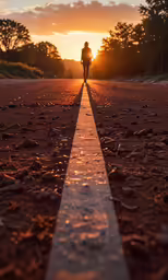 a man walking down a lonely stretch of asphalt road