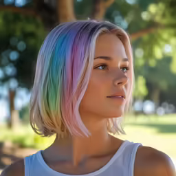 a beautiful blonde with rainbow hair and blue eyes