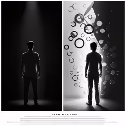 black and white photo of two people in front of a wall