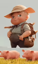a small boy in a hat walking through some grass