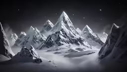 the mountains are very snowy and night sky