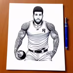 a drawing of a man wearing his uniform,a drawing of a man with tattoos on his arms and legs,a drawing of a man holding a basketball,a drawing of a man holding a ball on top of a wooden table,a drawing of a male basketball player on paper