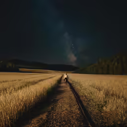 two people walking down a trail under the night sky