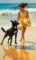 there is a woman walking on the beach with a dog
