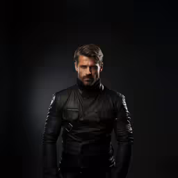 a man with beard and leather clothes,a man in black with a beard, wearing black leather outfits