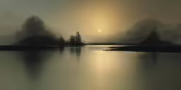 an image of a sunset over water and hills