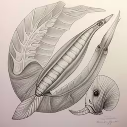 an artwork depicting two fish that are swimming together