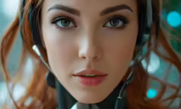 a beautiful woman wearing headphones in a futuristic area