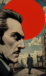 a man is shown walking towards a red sun