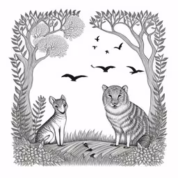 two bears are sitting in a forest under trees,an adult cat and baby tiger in the forest