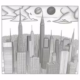 a drawing of the city with buildings and planets,a drawing of an urban city skyline