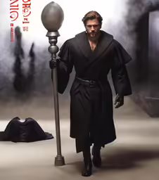 a painting of a man wearing black holding a lamp