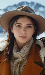 a woman with a brown coat, a tan hat, and a camel blanket