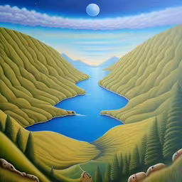 a painting that depicts many animals in the valley,a painting of sheep looking at the sky above a stream,the painting shows a river, hills and sheep near a hill,a painting of two hills with some water running through it,painting of sheep by a lake surrounded by hills