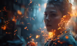 a woman in a forest with fiery sparks