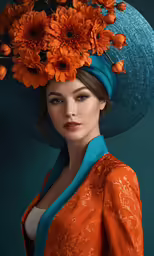 a woman wearing an orange and blue dress and large blue hat