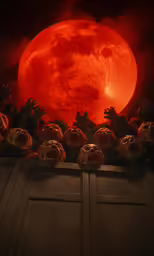 an animation pumpkins are in front of the full red moon