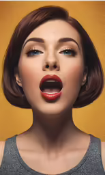 woman with red lips, wearing grey top and black dress