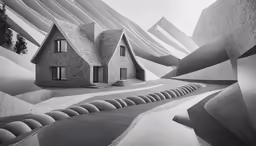 black and white photo of houses in a landscape