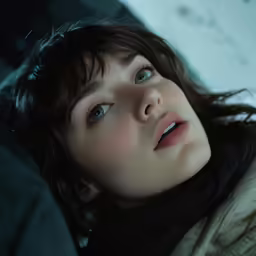 woman staring straight ahead with light blue eyes