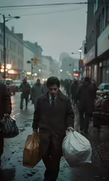 a man wearing a jacket and tie carrying groceries