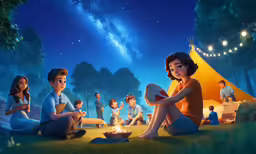 many children and adults sitting in the grass at night
