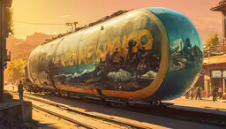 a big tank on the side of the train tracks,train cars with the image of an iron maiden are in front of a stop sign