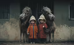 two kids standing next to a horse and holding their hands together