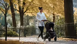 a mother pushing a baby carriage while another woman walks by