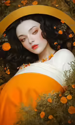 a close up of a woman near flowers