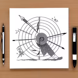 a pencil drawing of a man on the ground,an image of a drawing with two arrows,an illustration of someone aiming a target through a center point,there are two pens and a card on the table,a black and white photo of two pens and paper