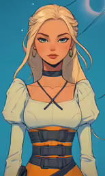 the blonde haired girl in blue and yellow is holding a sword
