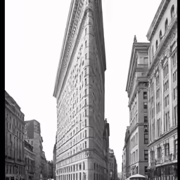 black and white image of people walking around on the street near some tall buildings