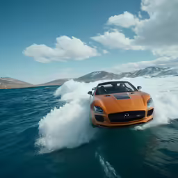 there is a sports car speeding on the water