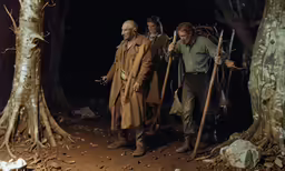 two men standing in a cave holding large items