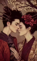 two women are kissing each other next to some branches