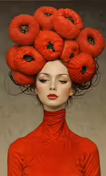 a woman in a red top has her head tilted forward