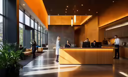 a lobby that has a desk and people in it