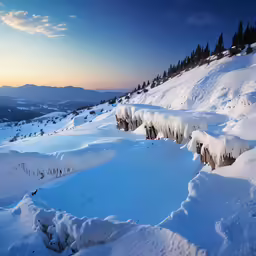an aerial view of a snowy mountain area at night