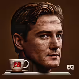a man in a poster with coffee in the foreground