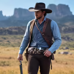 the man is dressed in the western style attire and holding his gun