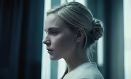 a woman wearing a white jacket standing in front of a window