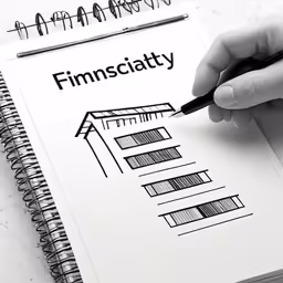 hand with pen and notebook written on white sheet of paper with word finmscitty