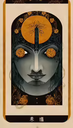 an artwork piece of an asian man with a skull and sun above his head