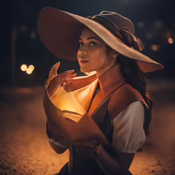 a young woman is holding up a light