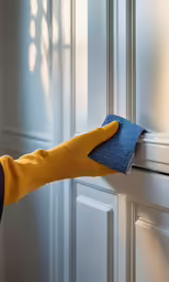 the person wearing yellow gloves cleans a surface on a door