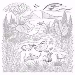 an artistic drawing of some wild animals by a lake