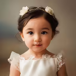 a small girl wearing a white dress and a gold headband