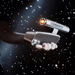 a person holds an object with a light on it