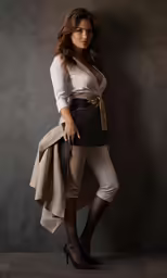 a woman wearing all beige poses for a photo